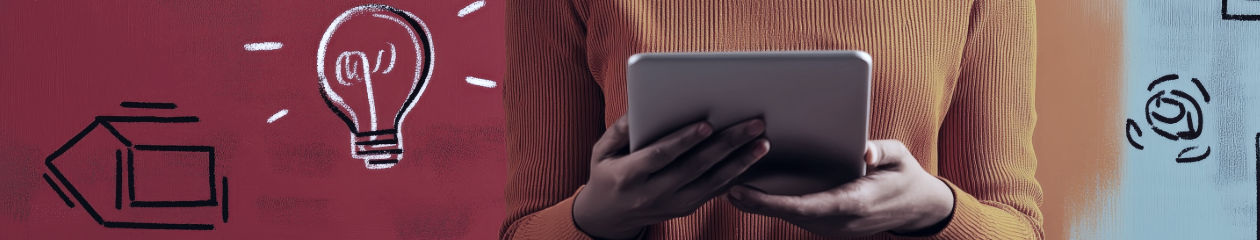 A woman stands with a tablet in hand against a bright backdrop, with icons denoting marketing concepts and ideas