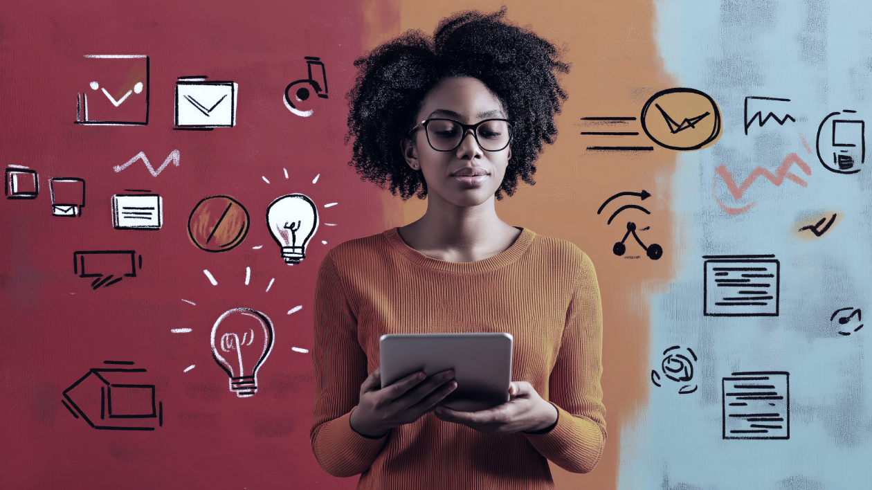 A woman stands with a tablet in hand against a bright backdrop, with icons denoting marketing concepts and ideas