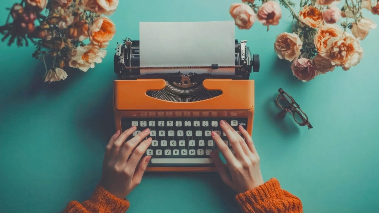 Hands at a typewriter, about to begin a new story