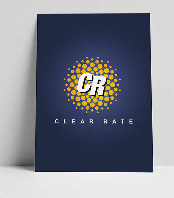 Redesigned Clear Rate logo showcased on an elegant poster for the corporate launch of the new brand.