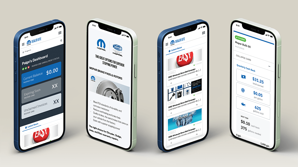 Mopar website on four mobile phone screens