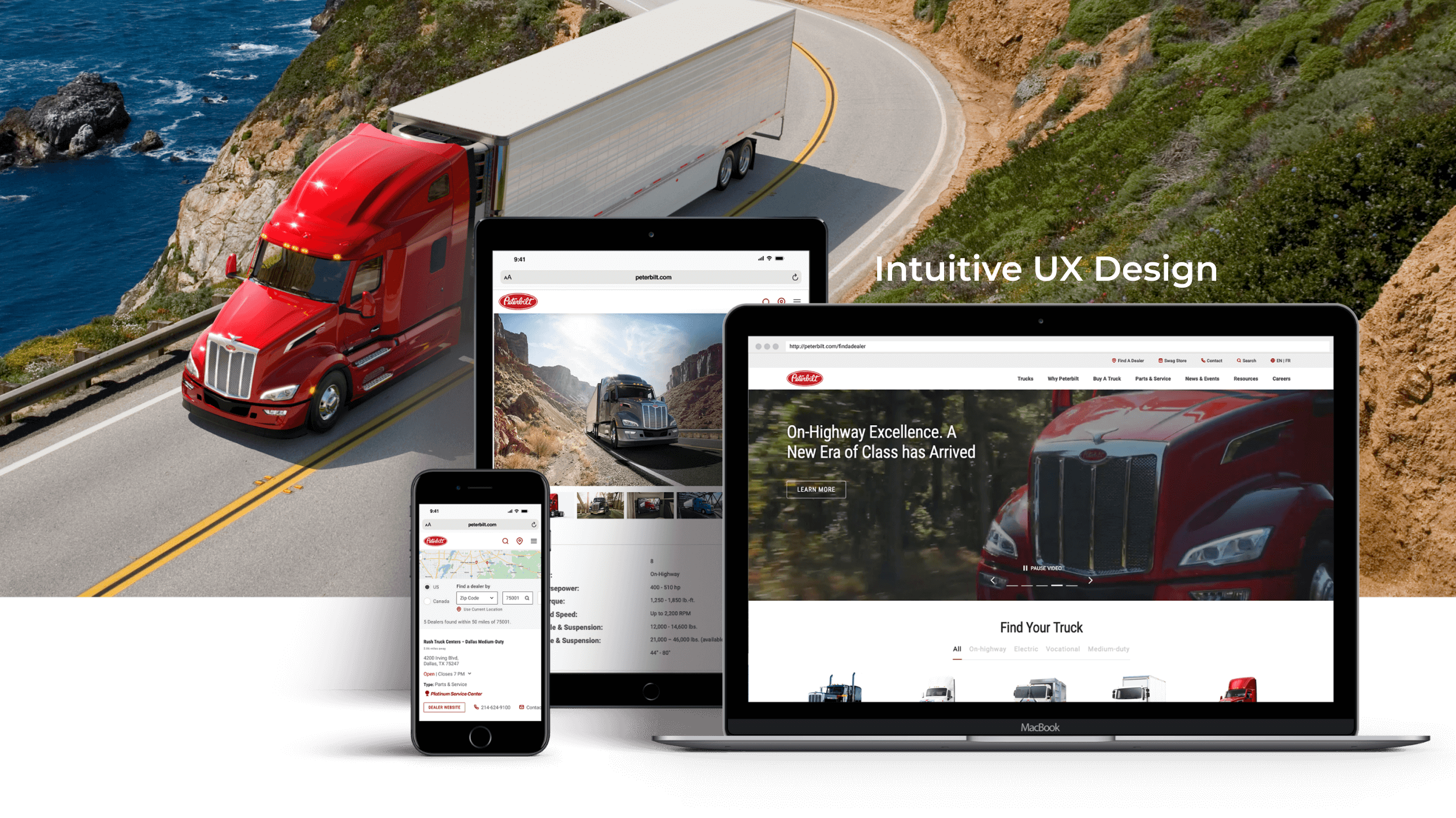 Peterbilt website on devices overtop a Peterbilt truck driving on a seaside road
