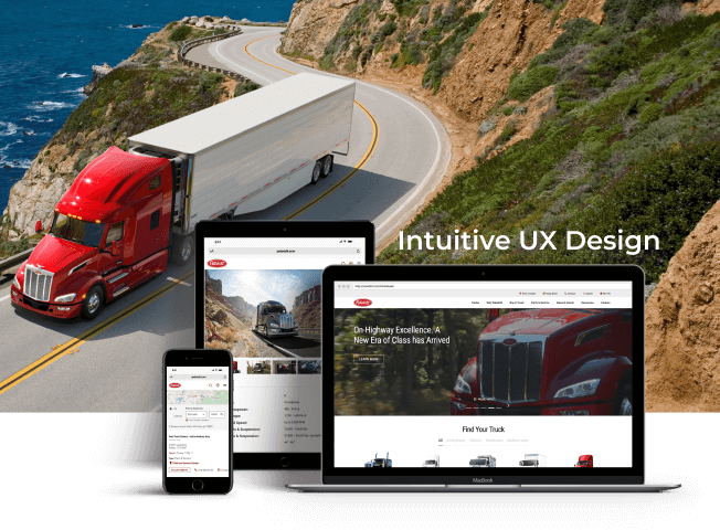 Peterbilt website on devices overtop a Peterbilt truck driving on a seaside road