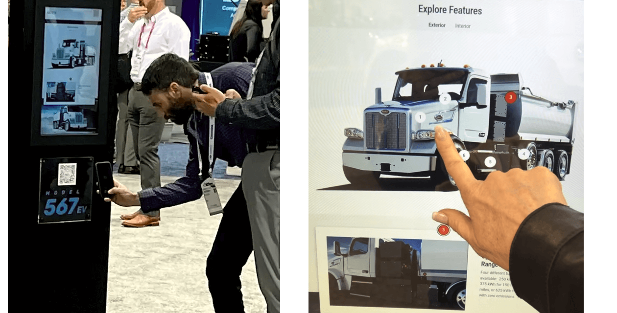Examples of a digital interactive tool created for Peterbilt, with hands touching a touchscreen device