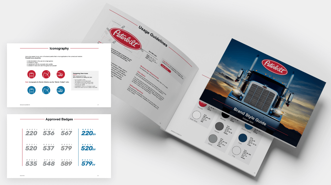 Samples of new Peterbilt brand identity documents are shown, including iconography, brand badges and a brand style guide brochure.