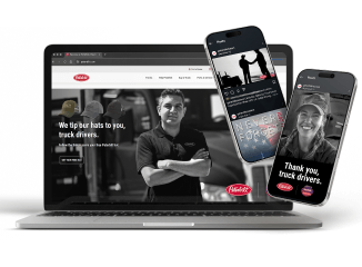 A collage of examples of digital communications, shown on a desktop and mobile devices. Items appear monochromatic except for the red Peterbilt logo.