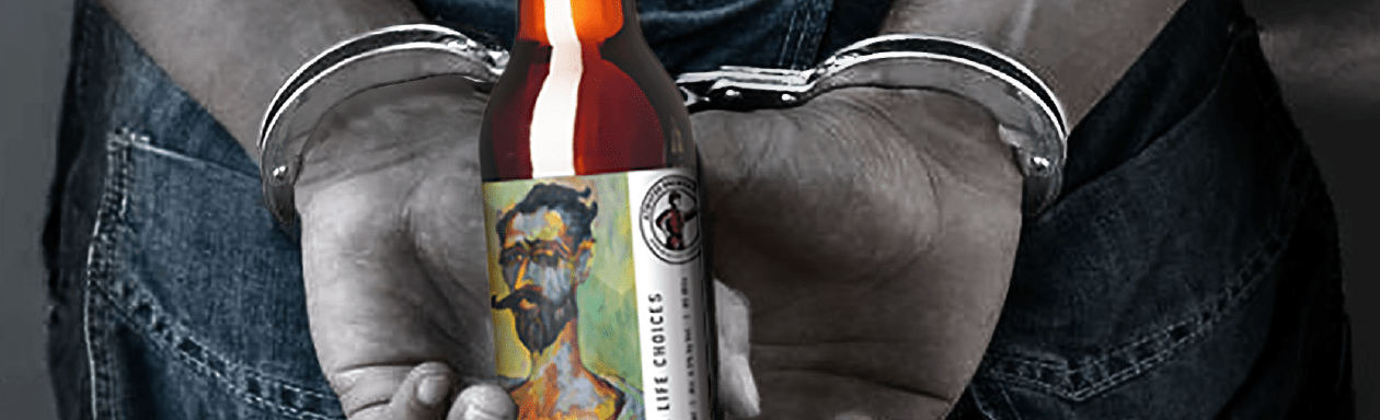 Artwork of man holding beer bottle in handcuffs